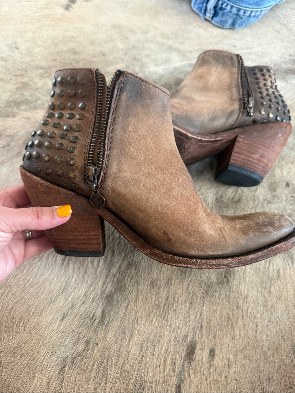 LIBERTY Black Tan Studded Leather Ankle Booties, Made in Mexico